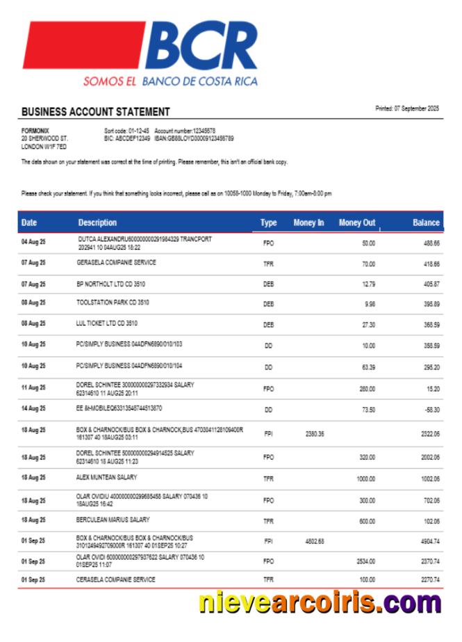 Costa Rican The Bank of Costa Rican bank organization checking account statement